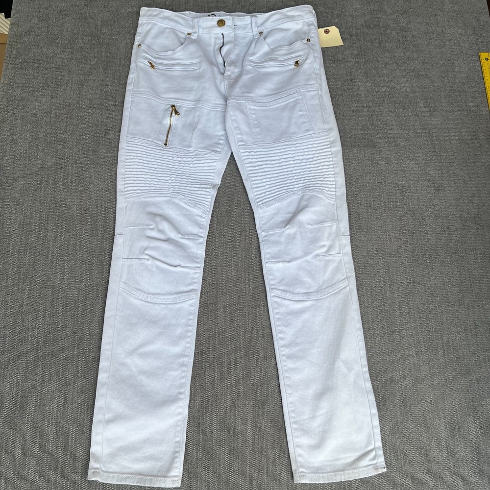 Argonaut White Biker Jeans Mens 34x32 Gold Zipper Ribbed Moto Streetwear Denim